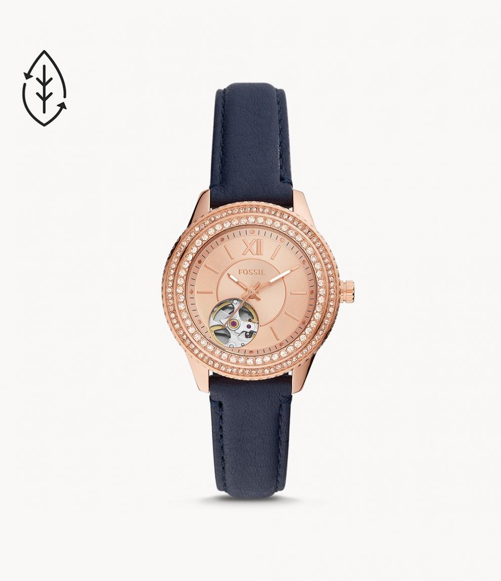 merk op nauwkeurig Omhoog gaan Fossil Uhren mit Lederband | Damen Uhr Stella Automatikwerk Eco-Leder  dunkelblau Roségold ⋆ vom Heidknapp